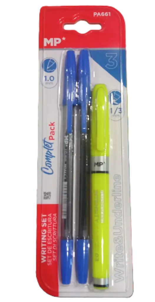 Conjunto de 2 canetas + Marcador Flurescente