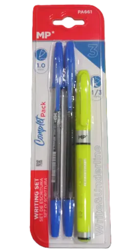 Conjunto de 2 canetas + Marcador Flurescente